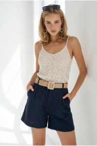 Olalook Women's Navy Blue Pleated Linen Shorts with Pockets