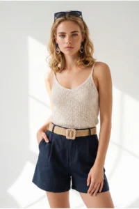 Olalook Women's Navy Blue Pleated Linen Shorts with Pockets - Image 2