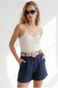 Olalook Women's Navy Blue Pleated Linen Shorts with Pockets - Image 3
