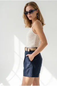 Olalook Women's Navy Blue Pleated Linen Shorts with Pockets - Image 4