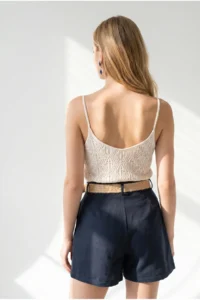 Olalook Women's Navy Blue Pleated Linen Shorts with Pockets - Image 5
