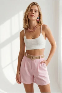 Olalook Women PINK with pocket pleated Linen Shorts - Image 2
