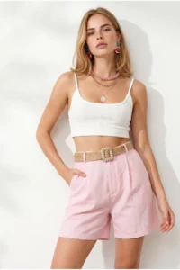 Olalook Women PINK with pocket pleated Linen Shorts - Image 3