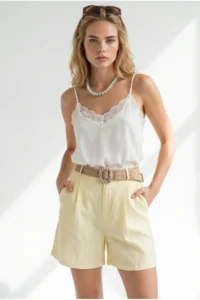 Olalook Women Yellow with pocket pleated Linen Shorts - Image 2