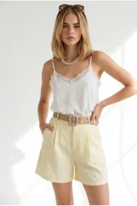 Olalook Women Yellow with pocket pleated Linen Shorts - Image 3