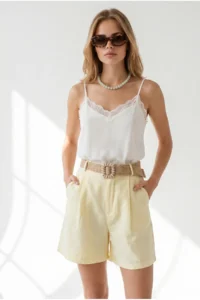 Olalook Women Yellow with pocket pleated Linen Shorts - Image 4