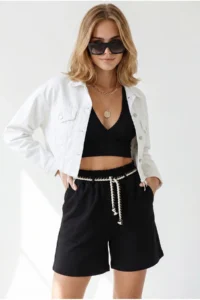 Olalook Women's Black Belt Detailed Pocket Cotton Shorts
