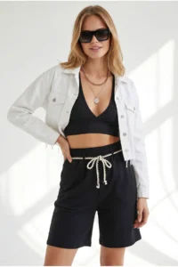 Olalook Women's Black Belt Detailed Pocket Cotton Shorts - Image 3