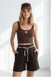 Olalook Women's Brown Belt Detailed Pocket Cotton Shorts - Image 2