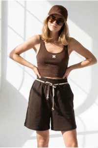 Olalook Women's Brown Belt Detailed Pocket Cotton Shorts - Image 3
