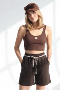Olalook Women's Brown Belt Detailed Pocket Cotton Shorts - Image 4