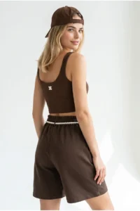 Olalook Women's Brown Belt Detailed Pocket Cotton Shorts - Image 5
