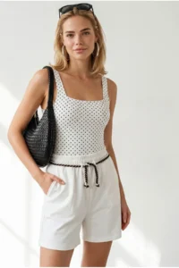 Olalook Women's White Belt Detailed Pocket Cotton Shorts - Image 2