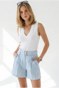 Olalook Women's Baby Blue Pleated Pocket Belted Linen Shorts - Image 2
