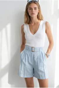 Olalook Women's Baby Blue Pleated Pocket Belted Linen Shorts - Image 3