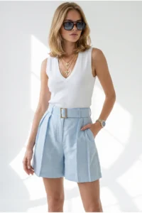 Olalook Women's Baby Blue Pleated Pocket Belted Linen Shorts - Image 4