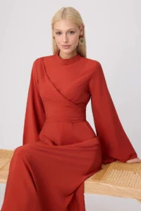 Trendyol Modest Cinnamon Double breasted Binding Detailed A-Cut/Life Form Maxi Weaving Hijab Dress