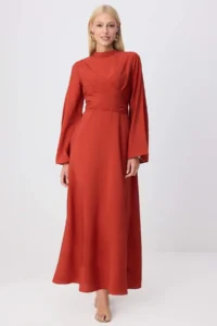 Trendyol Modest Cinnamon Double breasted Binding Detailed A-Cut/Life Form Maxi Weaving Hijab Dress - Image 2