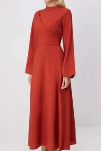 Trendyol Modest Cinnamon Double breasted Binding Detailed A-Cut/Life Form Maxi Weaving Hijab Dress - Image 3