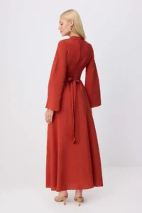 Trendyol Modest Cinnamon Double breasted Binding Detailed A-Cut/Life Form Maxi Weaving Hijab Dress - Image 4