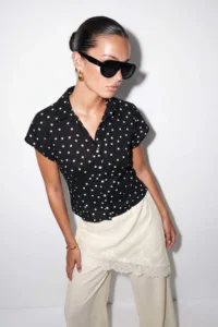 Drop by TrendyolMilla Black Shirt Collar lace Detailed Polka Dot buttoned Blouse - Image 2
