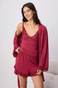 TRENDYOLMİLLA Burgundy 4 Sets Lace Detailed Viscose Knitting Pajama Set - Image 2