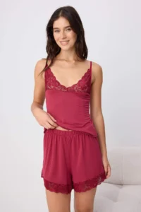 TRENDYOLMİLLA Burgundy 4 Sets Lace Detailed Viscose Knitting Pajama Set - Image 3