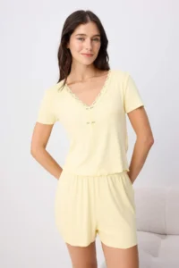 TRENDYOLMİLLA Yellow Lace and Rose Accessory Detailed Ribbed OF shorts Knitting Pajama Set - Image 2