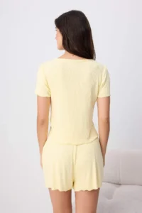 TRENDYOLMİLLA Yellow Lace and Rose Accessory Detailed Ribbed OF shorts Knitting Pajama Set - Image 4