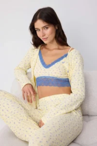 TRENDYOLMİLLA Yellow 100% Cotton Floral Lace Detailed Ribbed/Pointel Knitting Pajama Set - Image 2