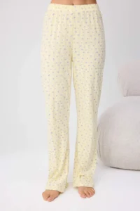 TRENDYOLMİLLA Yellow 100% Cotton Floral Lace Detailed Ribbed/Pointel Knitting Pajama Set - Image 3