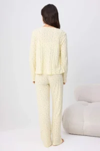 TRENDYOLMİLLA Yellow 100% Cotton Floral Lace Detailed Ribbed/Pointel Knitting Pajama Set - Image 4