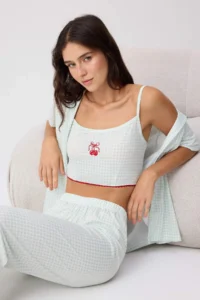 TRENDYOLMİLLA MINT 3 Sets Checkered Cherry Stripe Detailed Knitting Pajama Set - Image 2