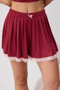 TRENDYOLMİLLA Burgundy Lace Detailed Skirt Look Shorts Knitting Pajama Set - Image 3