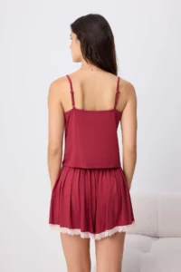 TRENDYOLMİLLA Burgundy Lace Detailed Skirt Look Shorts Knitting Pajama Set - Image 4