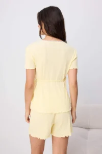 TRENDYOLMİLLA Yellow 100% Cotton Double breasted Lace Ribbed/Pointel Knitting Pajama Set - Image 4