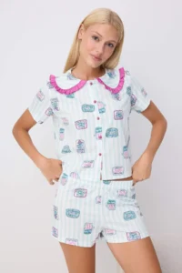 TRENDYOLMİLLA BLUE-Multicolored Patterned Striped Frilly Knitting Pajama Set