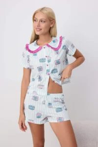 TRENDYOLMİLLA BLUE-Multicolored Patterned Striped Frilly Knitting Pajama Set - Image 2