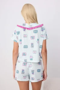 TRENDYOLMİLLA BLUE-Multicolored Patterned Striped Frilly Knitting Pajama Set - Image 4
