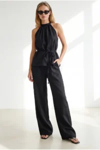 Olalook Women's Black Halter Collar Blouse Pocket Trousers Suit