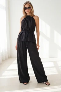 Olalook Women's Black Halter Collar Blouse Pocket Trousers Suit - Image 2