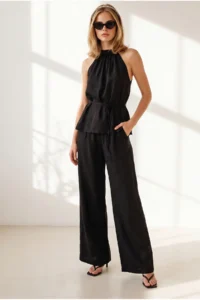 Olalook Women's Black Halter Collar Blouse Pocket Trousers Suit - Image 3