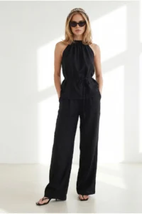 Olalook Women's Black Halter Collar Blouse Pocket Trousers Suit - Image 4