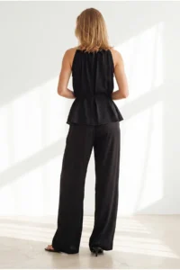 Olalook Women's Black Halter Collar Blouse Pocket Trousers Suit - Image 5