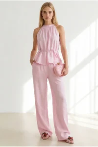 Olalook Women's Pink Halter Collar Blouse Pocket Trousers Set