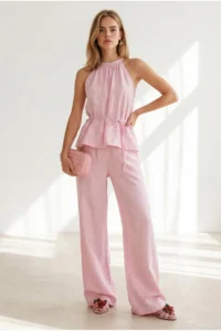 Olalook Women's Pink Halter Collar Blouse Pocket Trousers Set - Image 2
