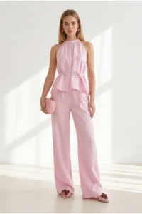 Olalook Women's Pink Halter Collar Blouse Pocket Trousers Set - Image 3