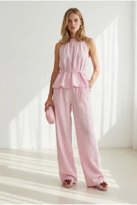 Olalook Women's Pink Halter Collar Blouse Pocket Trousers Set - Image 4