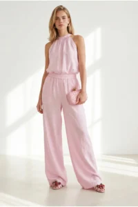 Olalook Women's Pink Halter Collar Blouse Pocket Trousers Set - Image 5