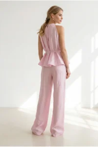 Olalook Women's Pink Halter Collar Blouse Pocket Trousers Set - Image 6